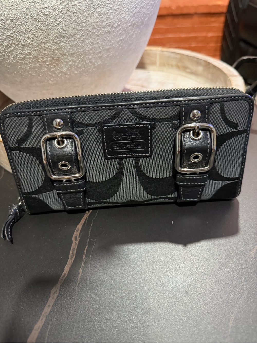 Coach Black and Gray Signature Canvas Zip Wallet with Buckle Detail - Picture 2 of 9